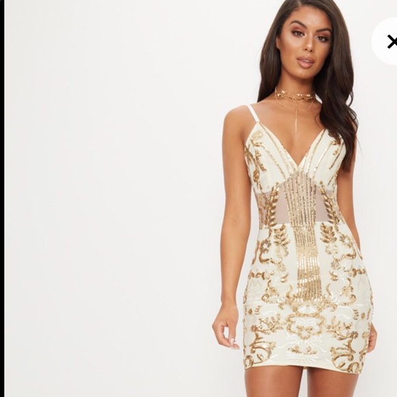 gold sheer strappy panel sequin bodycon dress PrettyLittleThing | Dresses | Gold Sheer Strappy Panel Sequin Bodycon Dress